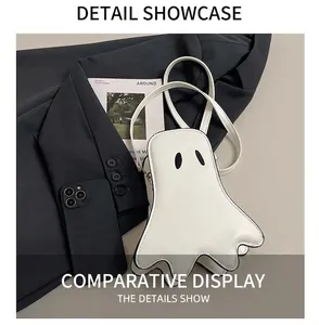 Detail showing the white ghost-shaped crossbody bag with smooth faux leather and black eyes