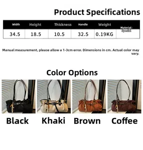 Size guide for women's shoulder bag with detailed dimensions and color options