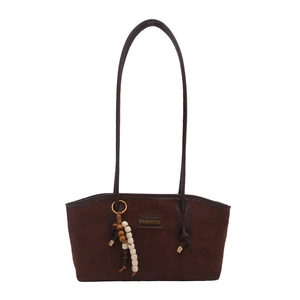 Brown faux suede tote bag with long handles, FASHION patch and bead tassel charm