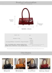 Detailed size specifications and color options for the French vintage baguette shoulder bag