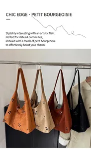 Détail des motifs floraux découpés au laser sur les sacs cabas en daim en quatre couleurs