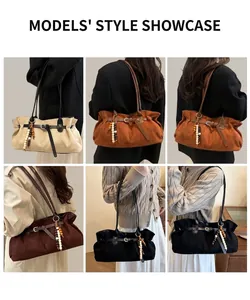 Detailed views of vintage faux suede tote bags in beige, brown, and black with bead charms