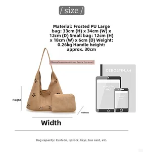 Tableau des tailles pour sac cabas en PU suédé marron et petit pochette assortie