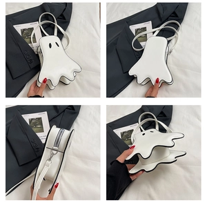 Detailed four-angle view of white ghost-shaped crossbody bag with black piping and silver zipper