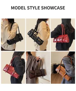 Collage of model wearing vintage oil-skin tote bags in four rich autumnal colors