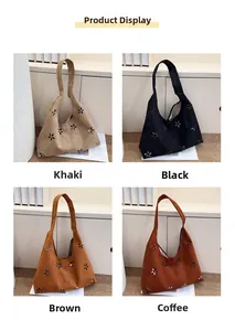 Détail de quatre grands sacs cabas avec motifs floraux découpés au laser en tons de terre
