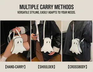 Three-way carry demonstration of white ghost-shaped crossbody bag in PU leather