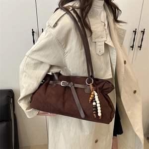 Classic dark brown matte tote bag with beaded charm and silver buckle detail for women