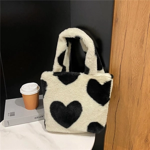 Sac Fourre-Tout en Peluche Motif Cœur pour Femmes Style Coréen Sac à Bandoulière en Fausse Fourrure Hiver Chaud Sac à Main de Mode