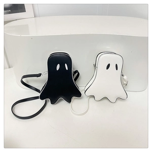Detail showing white and black ghost crossbody bags with wave edges and matte PU leather