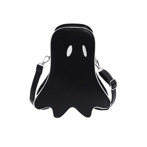 Ghost-shaped crossbody bag in black PU leather with white embroidery for Halloween