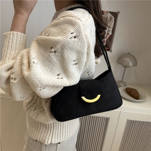 Women Underarm Shoulder Bag Suede Texture PU Leather Golden Crescent Metal Buckle Vintage Baguette Handbag