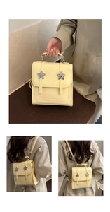 Collage of a small beige leather backpack with star buckles and adjustable straps