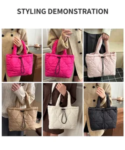 Detailed views of heart quilted puffer tote bags in pink, beige and black colors