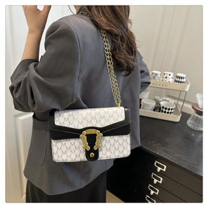Detail of vintage monogram shoulder bag with gold metal buckle and chain strap