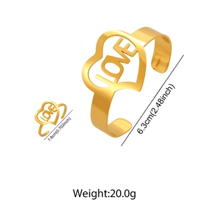 Detail of gold LOVE heart open bangle and ring set with precise size measurements