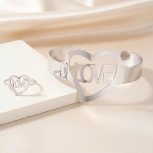 Polished stainless steel LOVE heart open ring and bangle jewelry set for women