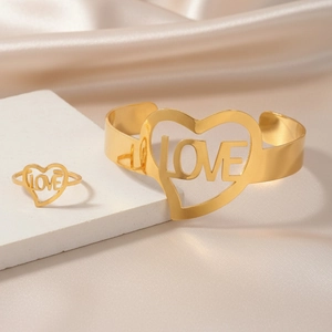 Elegant gold stainless steel LOVE heart open ring and bracelet set for women