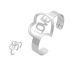 Polished stainless steel open bangle and ring set featuring LOVE heart cutout design