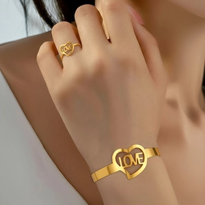 Hollow Heart LOVE Bracelet And Ring Jewelry Stainless Steel Open Adjustable Elegant Trendy Accessory For Women