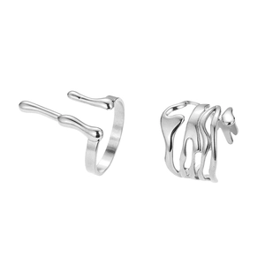 Minimalist silver fluid style open rings in liquid metal design with adjustable fit