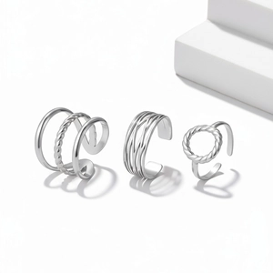 Three-piece set of vintage silver multi-layer hollow open rings for women in polished steel