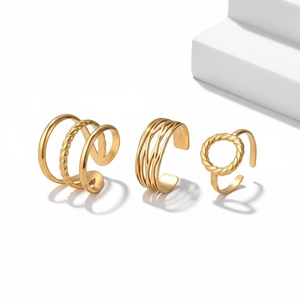Three-piece set of gold-plated hollow vintage rings with multi-layer crossover design
