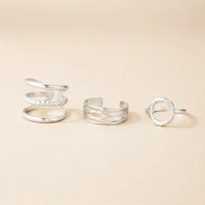 Three-piece set of vintage silver stainless steel multilayer crossover open rings for women