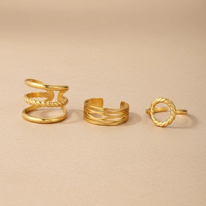 Three-piece set of gold vintage multi-layer crisscross rings in stainless steel