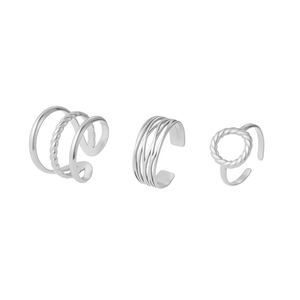 Three-piece set of vintage silver multi-layer crisscross open rings for women in stainless steel