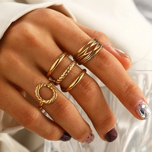 Stainless Steel Rings For Women Multi Layer Cross Line Geometric Hollow Round Open Adjustable Vintage Fashion Jewelry