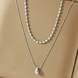 Double-layered silver stainless steel necklace with water drop pendant and snake chain