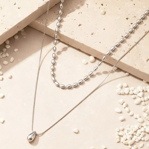 Double layer stainless steel necklace with teardrop pendant and polished bead chain set