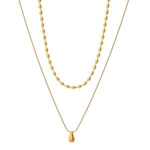 Elegant gold double-layer stainless steel necklace with minimalist teardrop pendant