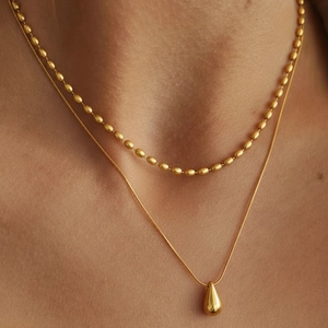 Double Layer Stainless Steel Necklace For Women Teardrop Pendant Oval Bead And Snake Chain Minimalist Elegant Jewelry