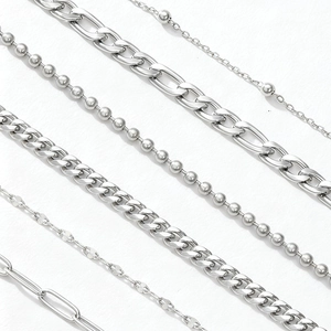 6-piece silver stainless steel paperclip and bead chain bracelet set for women