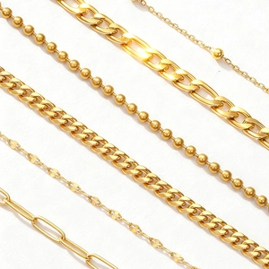 Detail showing five assorted gold paperclip and curb link chains with high polish finish
