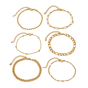 6-piece gold stainless steel paperclip and bead chain bracelet set for women with lobster clasp