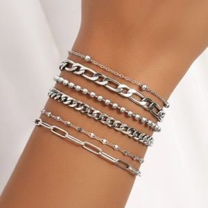 Set of 6 minimalist stainless steel paperclip and bead chain bracelets on a wrist