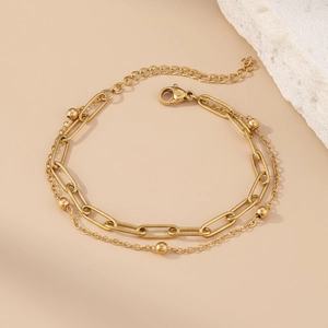 Bracelet double rang en acier inoxydable plaqué or 18K avec chaîne trombone et perles