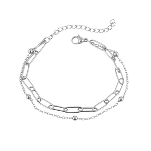 Bracelet double couche minimaliste en acier inoxydable argenté avec chaîne trombone et perles