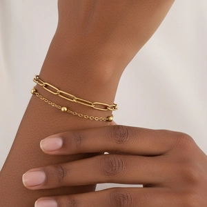 Bracelet Double Couche Acier Inoxydable Plaqué Or Chaîne Trombone Perles Rondes Réglable Bijoux Minimalistes Femme