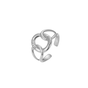 Silver adjustable stainless steel open ring featuring a unique interlocking double-loop design