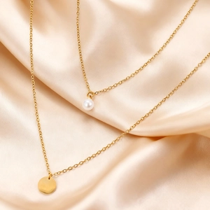 Double-layer gold stainless steel long necklace with pearl and round pendant on silk
