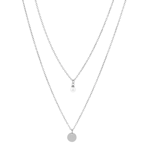Double-layer stainless steel necklace featuring a white pearl and round metal disk pendant