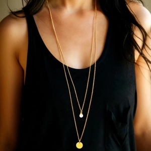 Stainless Steel Double Layer Necklace With Round Disc And Faux Artificial Pearl Pendant Elegant Long Sweater Chain For Women