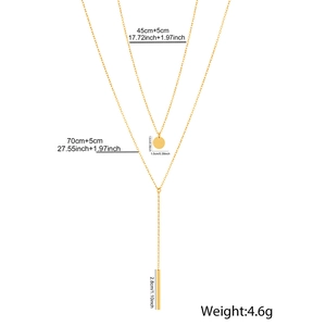 Detailed size chart for layered gold necklace with disk and bar pendant dimensions