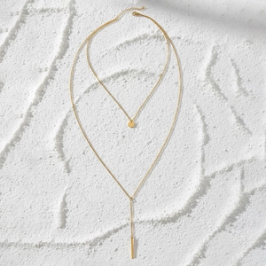 Double-layer gold stainless steel necklace with circular and vertical bar pendants