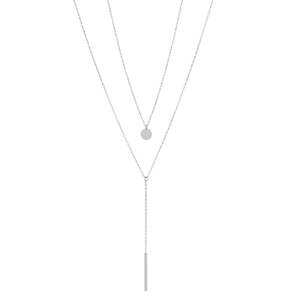 Double-layered stainless steel necklace with round disc and long bar pendant design