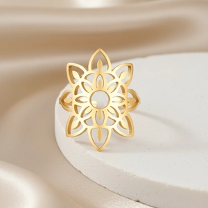18K gold plated stainless steel open ring with layered hollow floral mandala design